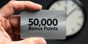 Credit card displaying 50,000 bonus points with a clock, highlighting a limited-time offer.