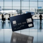 Credit card on airport background, symbolizing travel rewards