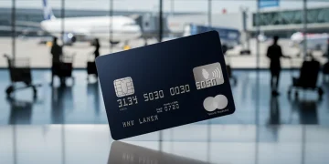 Credit card on airport background, symbolizing travel rewards