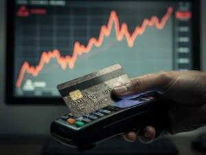 Credit card being swiped, symbolizing rising delinquency rates