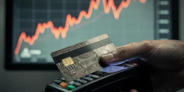 Credit card being swiped, symbolizing rising delinquency rates