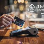 Credit card being used at a restaurant, symbolizing 15% dining rewards for 2026 savings.