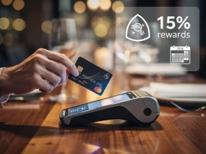 Credit card being used at a restaurant, symbolizing 15% dining rewards for 2026 savings.