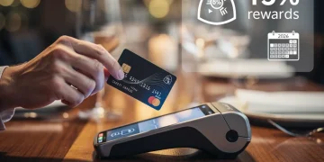 Credit card being used at a restaurant, symbolizing 15% dining rewards for 2026 savings.
