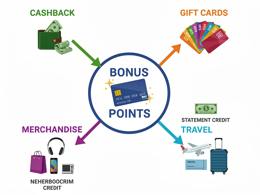 Infographic showing diverse redemption options for credit card bonus points.