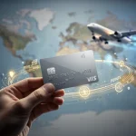 Hand holding credit card with glowing points, world map in background, symbolizing travel and financial benefits.