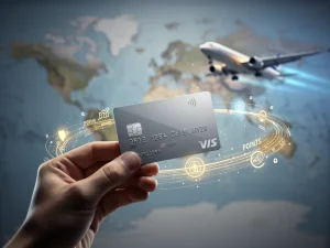 Hand holding credit card with glowing points, world map in background, symbolizing travel and financial benefits.