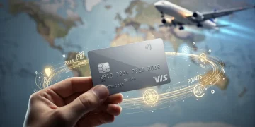 Hand holding credit card with glowing points, world map in background, symbolizing travel and financial benefits.