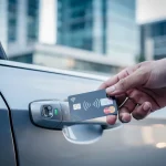 Credit card unlocking a rental car, symbolizing insurance benefits