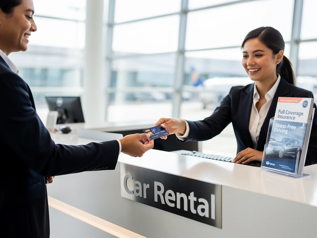 Customer confidently using credit card at rental car counter