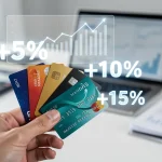 Hand holding credit cards with digital reward growth overlay