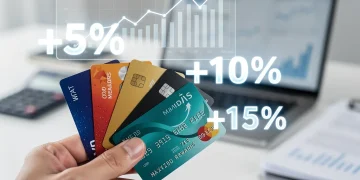 Hand holding credit cards with digital reward growth overlay