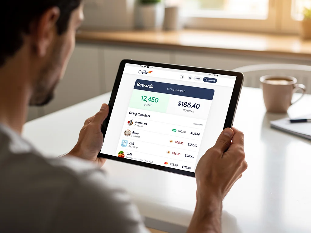 Person reviewing credit card statement, highlighting reward points for dining.