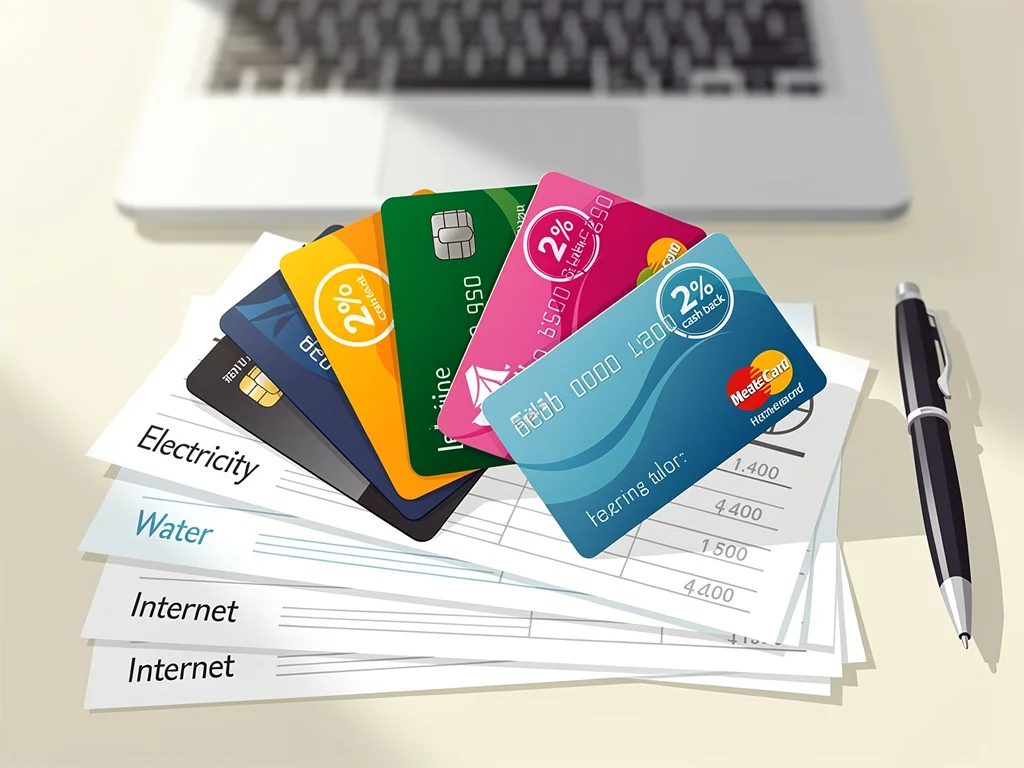 Credit cards fanned out over utility bills, symbolizing rewards.