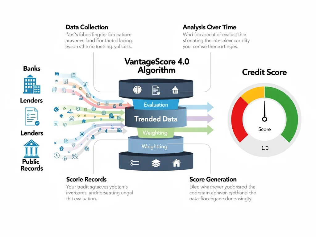 Infographic showing consumer credit data flow through VantageScore 4.0 algorithm, highlighting raw data inputs and trended data processing for score generation.