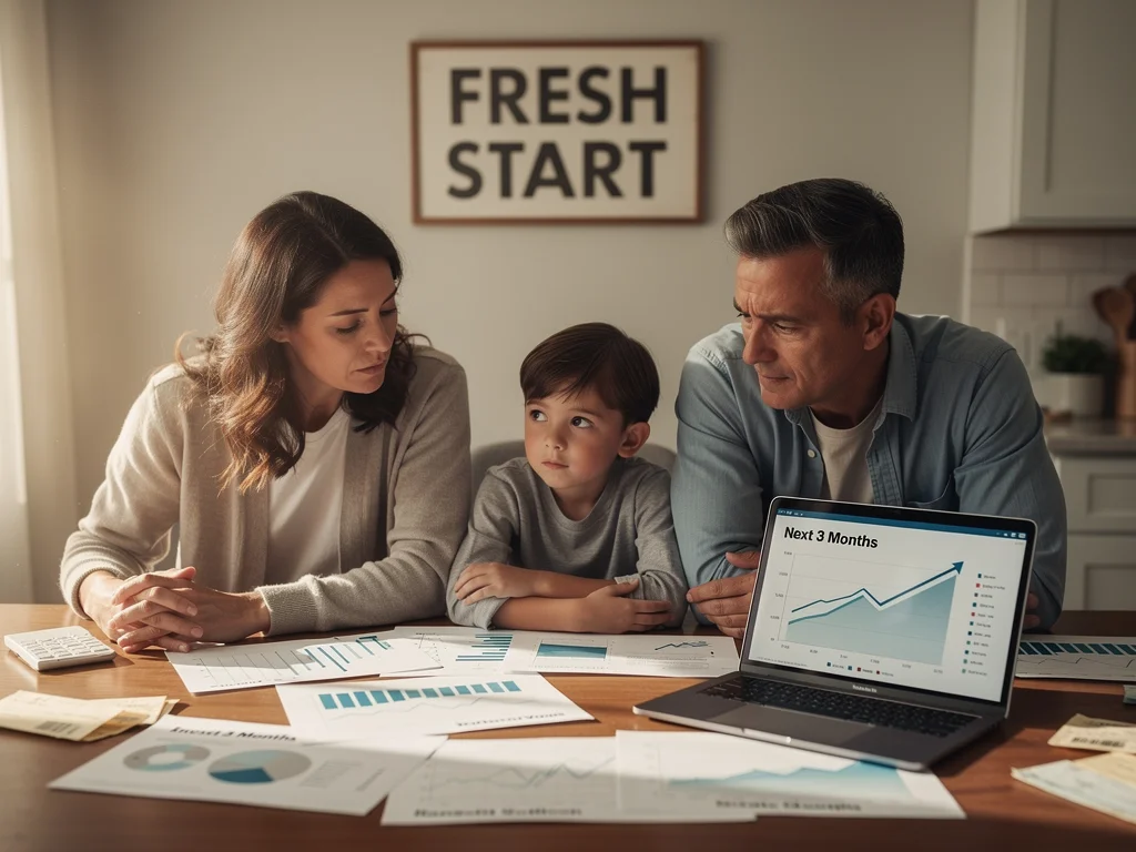 Family reviewing financial charts and 'fresh start' sign, representing debt relief.