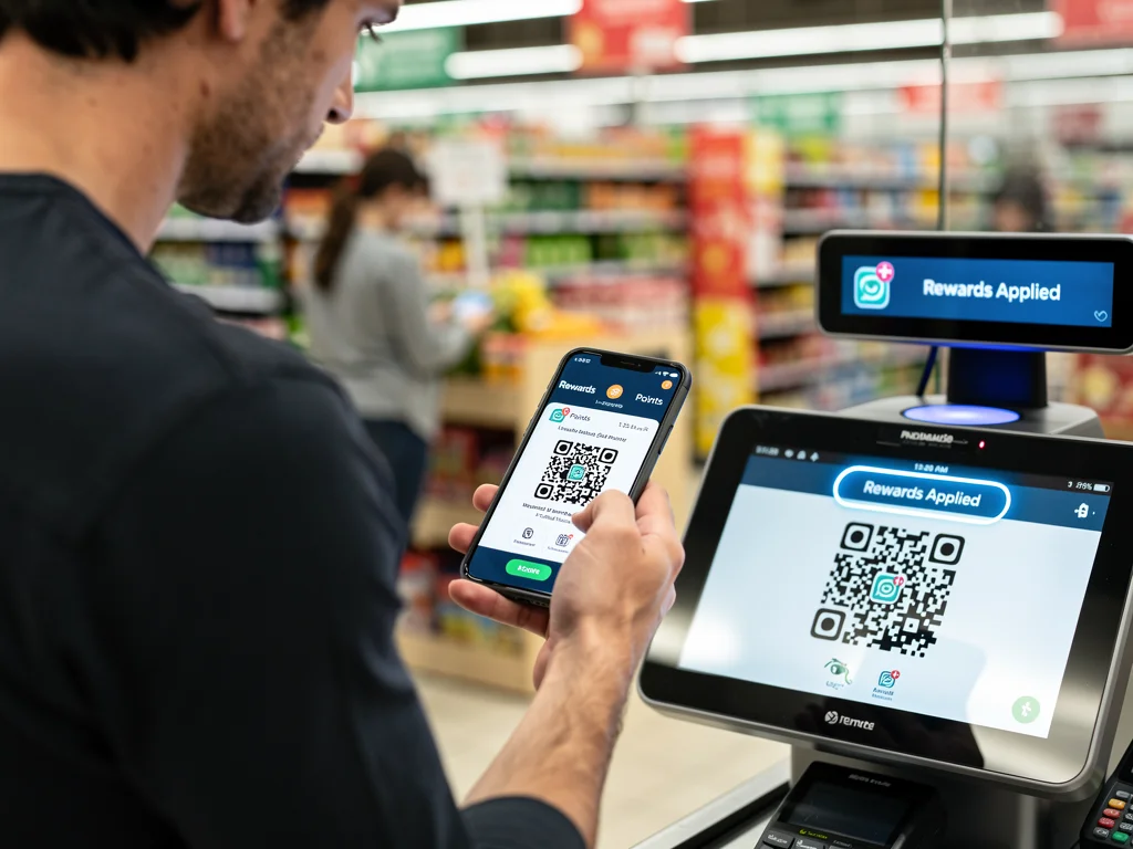 Person scanning loyalty program at grocery store checkout.