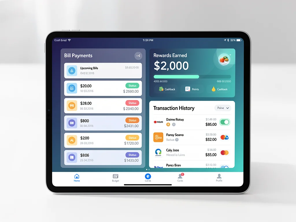 Digital payment platform interface showing rewards and bill management.