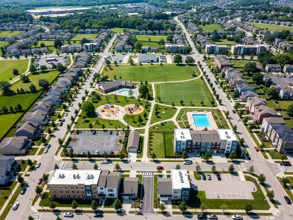 Aerial view of diverse American neighborhood, representing real estate market segments.