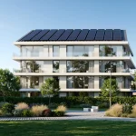 Modern eco-friendly residential building with solar panels and green landscaping