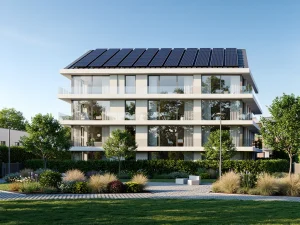 Modern eco-friendly residential building with solar panels and green landscaping