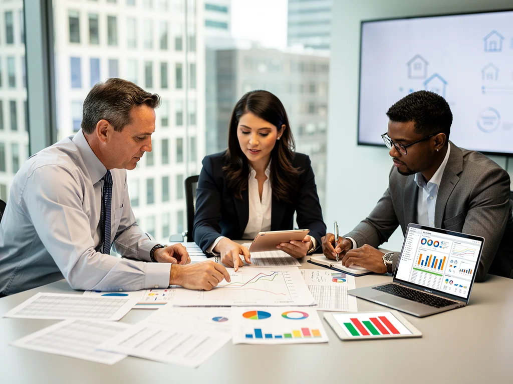 Team of experts collaborating on real estate market analysis and appraisal data.