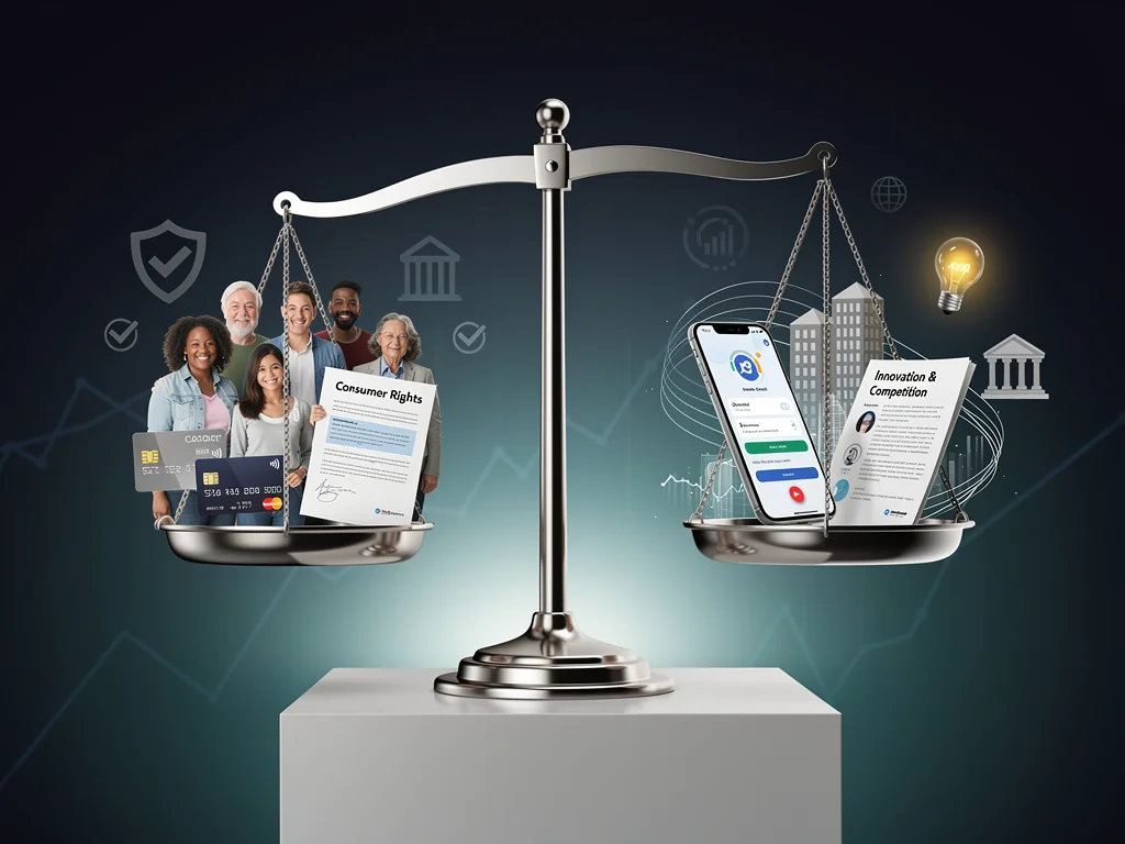 Balanced scale symbolizing consumer rights and industry innovation in credit.