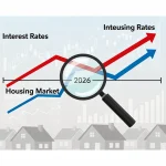 Economic forecast showing a 0.75% federal rate hike impact on real estate investors by 2026, with graphs and housing symbols.