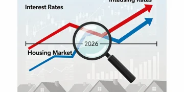 Economic forecast showing a 0.75% federal rate hike impact on real estate investors by 2026, with graphs and housing symbols.