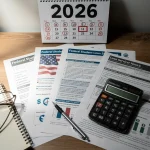 Federal student loan documents, calculator, calendar marked 2026