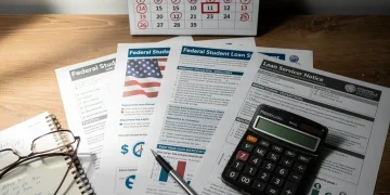 Federal student loan documents, calculator, calendar marked 2026