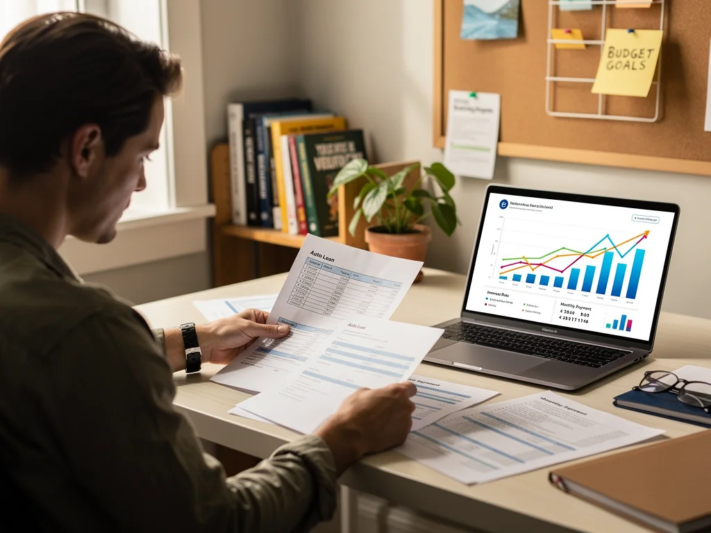 Person analyzing financial data for auto loan