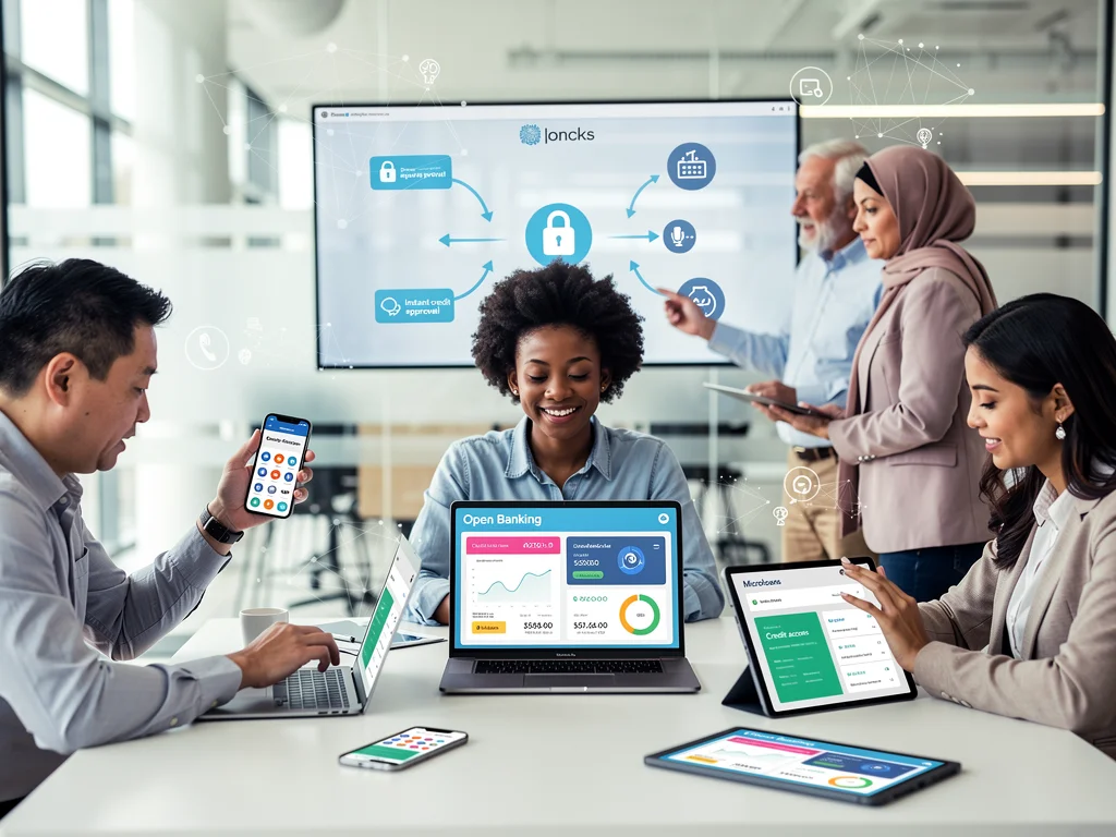 Diverse users accessing credit with Open Banking financial tools.