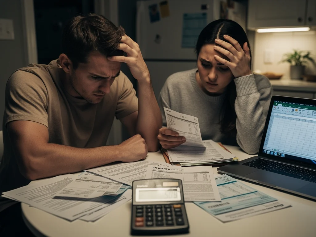 Couple reviewing financial statements with concern over rising debt