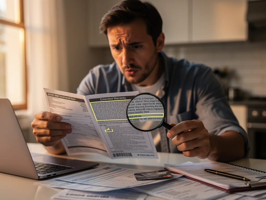 Confused person examining credit card extended warranty fine print