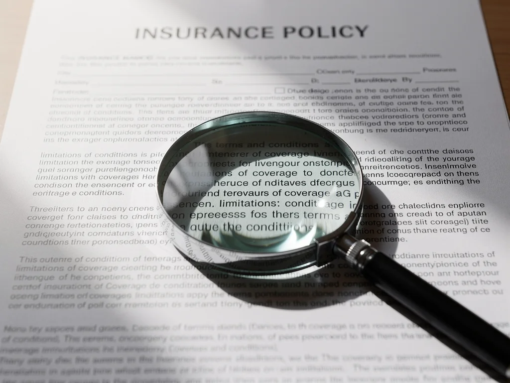 Magnifying glass over fine print of insurance policy