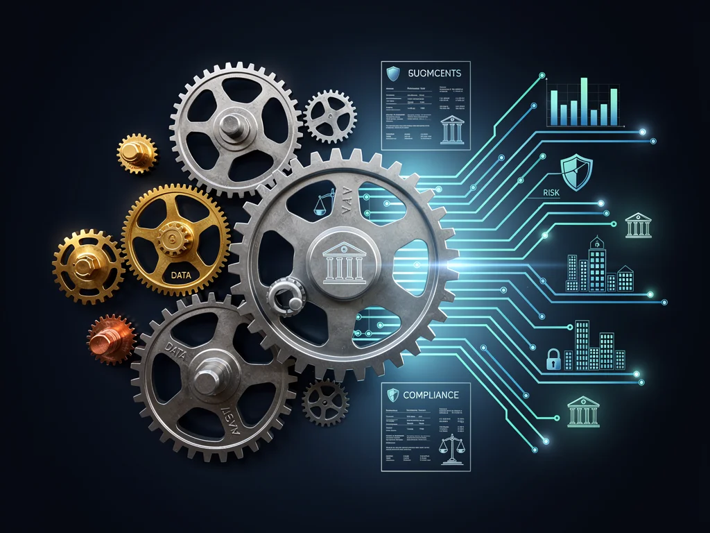 Interconnected gears and circuits representing FinTech and data privacy in credit.