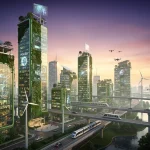 Futuristic skyline with green buildings and advanced technology, symbolizing real estate innovation.