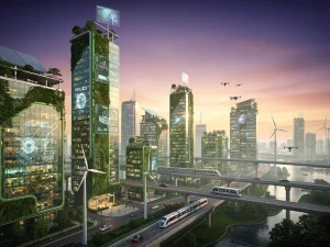 Futuristic skyline with green buildings and advanced technology, symbolizing real estate innovation.