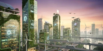 Futuristic skyline with green buildings and advanced technology, symbolizing real estate innovation.