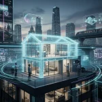 Futuristic cityscape with digital real estate projections, symbolizing advanced property tech