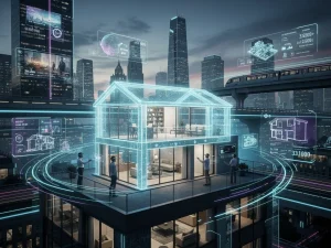 Futuristic cityscape with digital real estate projections, symbolizing advanced property tech