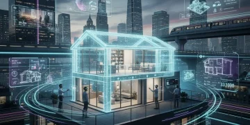 Futuristic cityscape with digital real estate projections, symbolizing advanced property tech