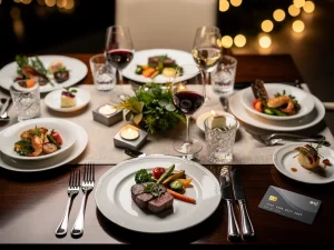 Gourmet meal on a dining table with a credit card, symbolizing rewards.