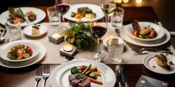 Gourmet meal on a dining table with a credit card, symbolizing rewards.