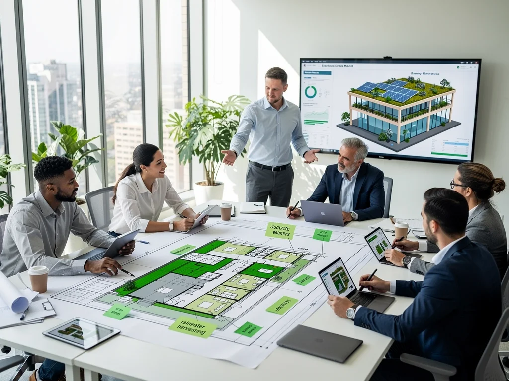 Architects and engineers reviewing green building blueprints