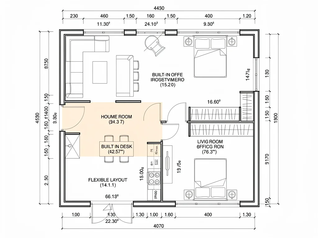 Architectural floor plan emphasizing dedicated home office space