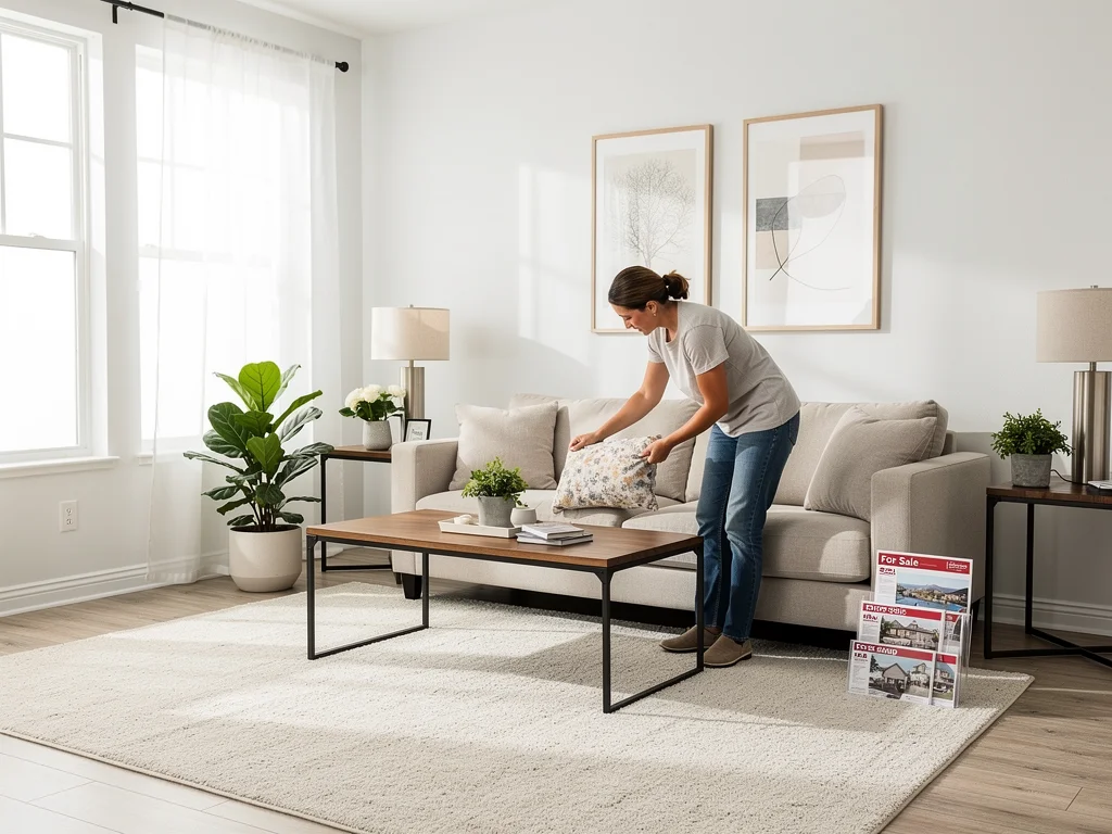 Homeowner staging a living room for a fast property sale.