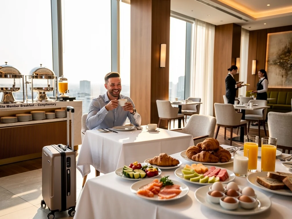 Traveler enjoying complimentary hotel breakfast, a common elite status benefit.