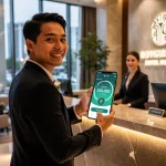 Traveler checking into a hotel, smartphone showing loyalty points